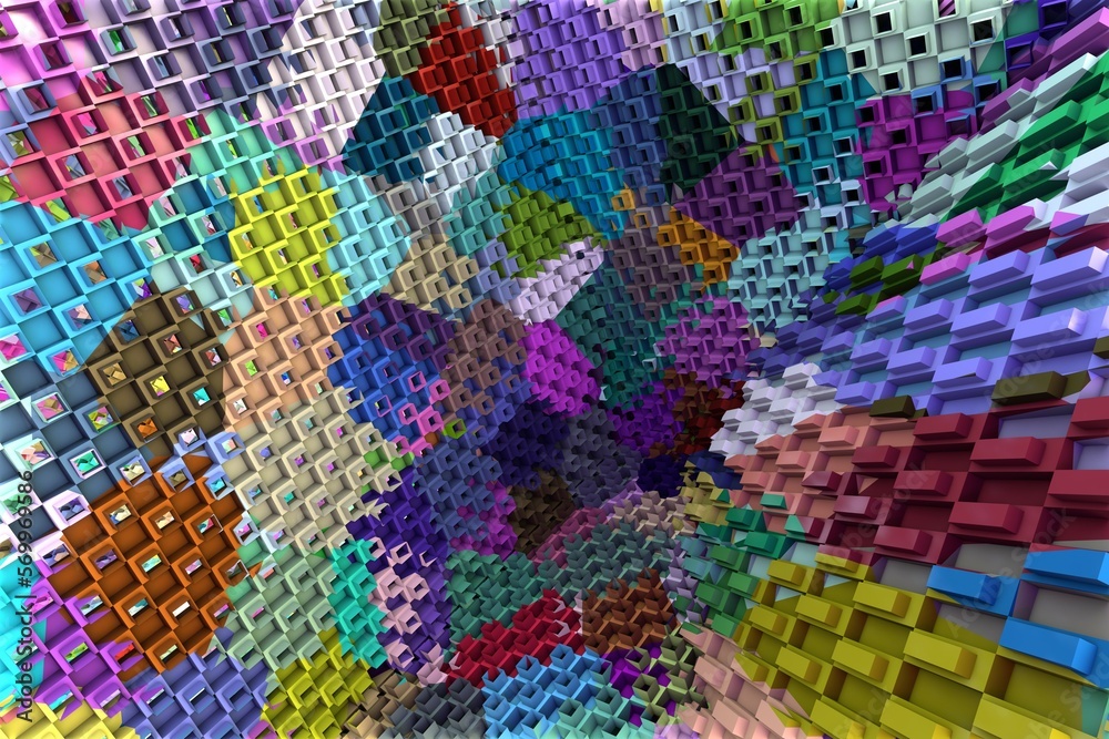 Fototapeta premium 3D ILLUSTRATION RENDERING. ABSTRACT BACKGROUND SQUARE PATTERN DIMENSION OBJECT TRENDY COLORFUL GEOMETRY DISTORTED EFFECT GRAPHIC TEXTURE. PERSPECTIVE SCIENCE TECHNOLOGY PRESENTATION RANDOM DESIGN.