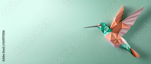 Banner with copy space. Colourful origami bird in green on a green background. Funny looking spring bird. Minimalist, modern style. Generative AI © All Creative Lines