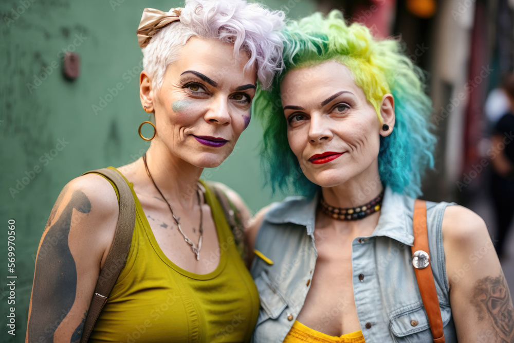 Two women in their 50s lesbian outdoors. Portrait of two gay girls at
