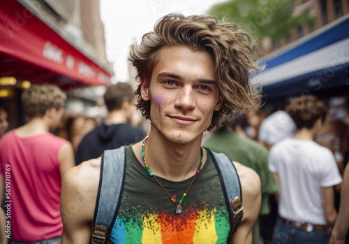 Gay man outdoors. Portrait of a homosexual man at the gay pride parade, generative ai photo