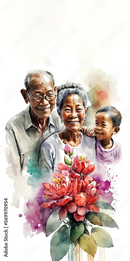 Watercolor portrait of Southeast Asian grandparents with their grandson. Vertical Generative AI Illustration