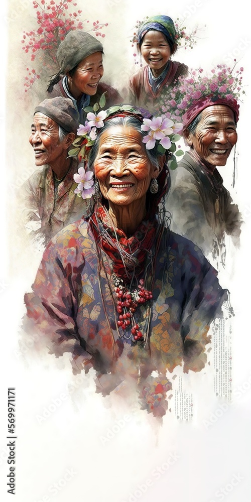 Group of Chinese mature ladies wearing traditional clothes for Celebration. Watercolor painting style illustration. Vertical Generative AI