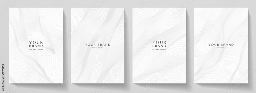 Contemporary technology cover design set. Luxury white background line pattern (guilloche curves). Premium vector tech backdrop for business template, digital certificate, formal brochure
