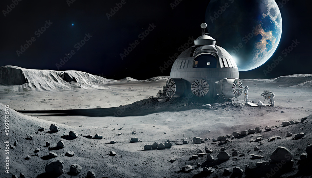 Generative AI illustration of a Futuristic permanent lunar base on moon. The space view of the planet earth - obrazy, fototapety, plakaty 