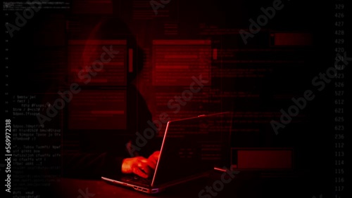 Hacking and technology crime concept. No face hacker typing on laptop with abstract programming code elements.