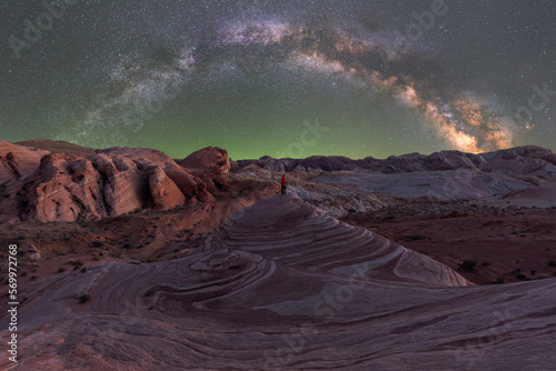 Unrecognizable traveler admiring starry sky on rocky terrain