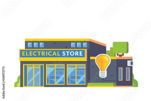 Vector electrical store building flat design illustration