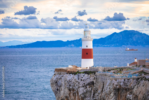 Europa Point Lighthouse in Gibraltar and Africa coastline view