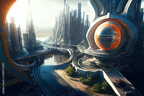 Futuristic Metropolis View. Buildings from the future megapolis. Generative AI illustration