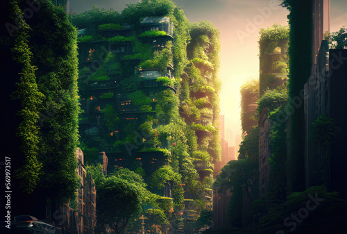 Green city, vertical forest on skyscrapers, ecological background. Generative AI © masharinkaphotos