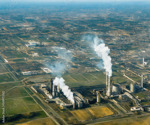Industrial tubes with smoke. High angle view, Photo about bad ecology and pollution of the Earth. Generative AI.