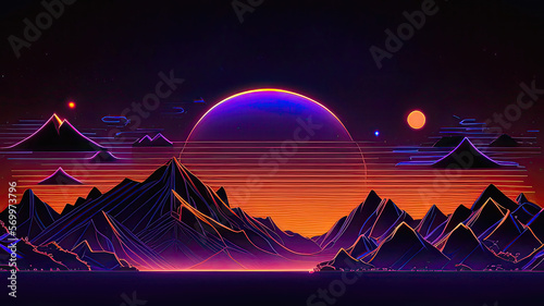 3d abstract 1980's retrowave, futuristic cyberpunk orange pink blue purple background with sun, stars, mountain, grid line, neon perspective grid. Generative AI