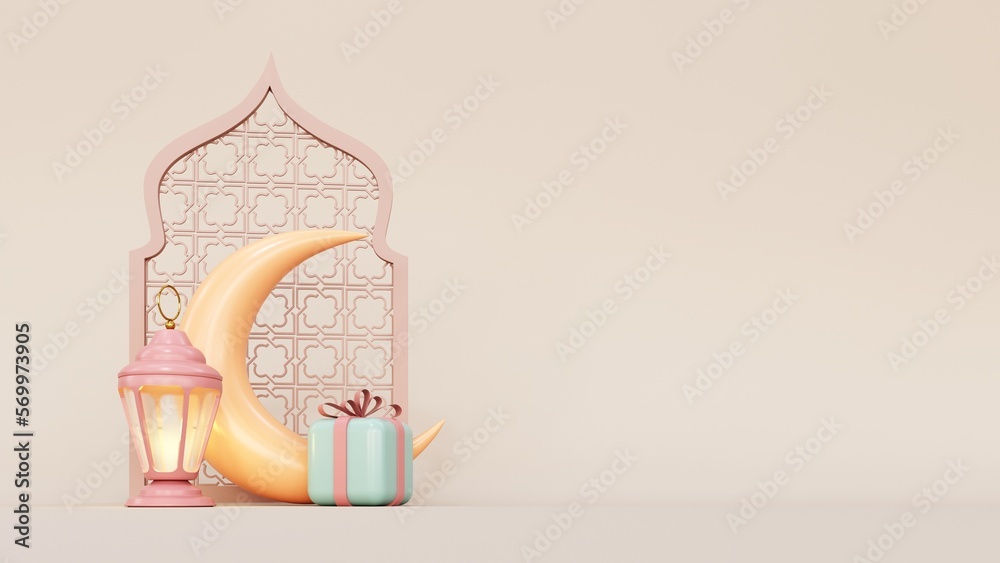 3d render of Ramadan Kareem holiday design. Cartoon style gift boxes, crescent moon with stars, lanterns and arches. Pastel holiday baner mawlid, isra, iftar, miraj, muharram, eid al fitr adha.