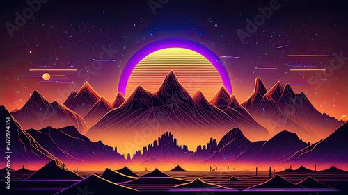 3d abstract 1980's retrowave, futuristic cyberpunk orange pink blue purple background with sun, stars, mountain, grid line, neon perspective grid. Generative AI