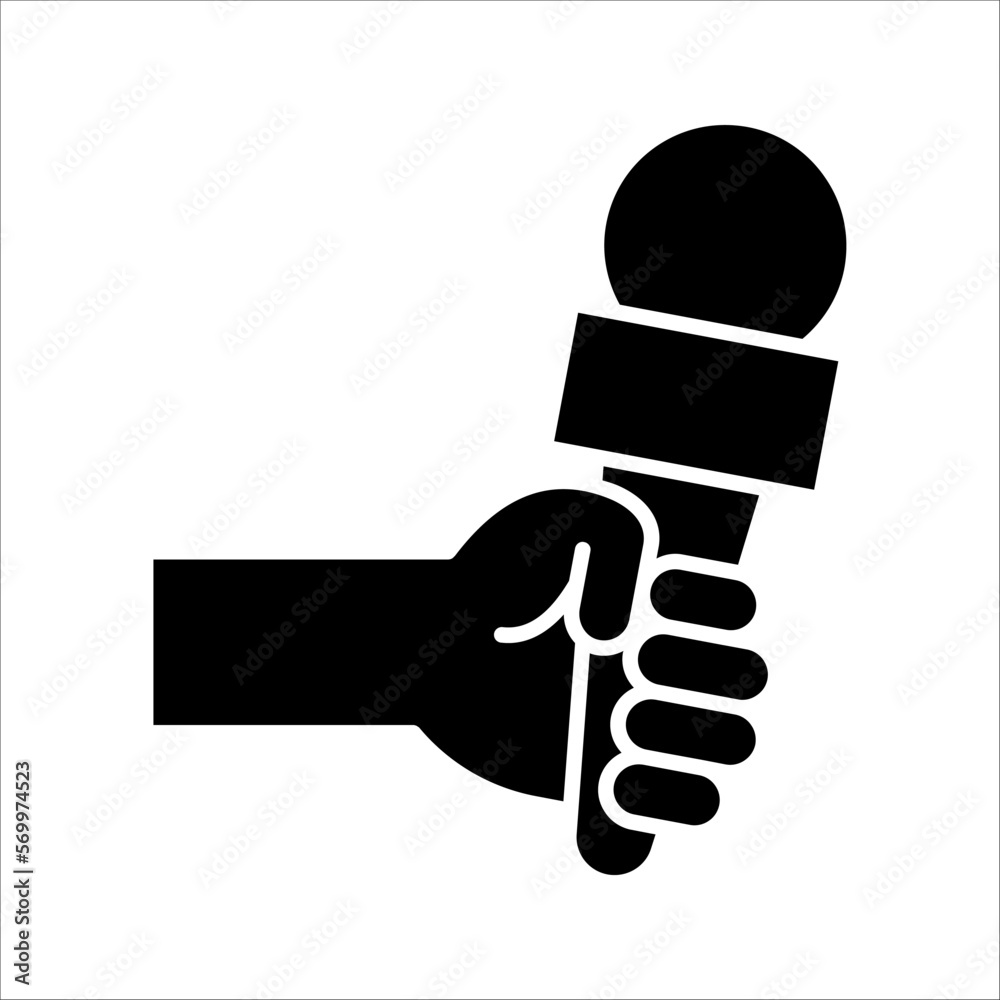 Hand holding microphone icon. Vector interview or news concept symbol vector illustration on white background