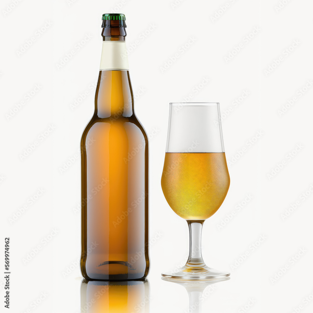 bottle and glass of lager beer. blank label, mock-up bottle and glass of lager beer. blank label, mock-up