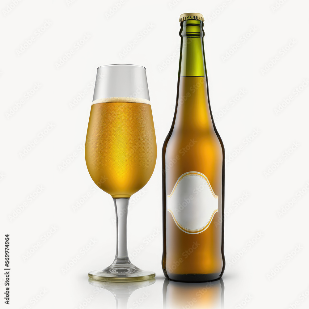 bottle and glass of lager beer. blank label, mock-up bottle and glass of lager beer. blank label, mock-up