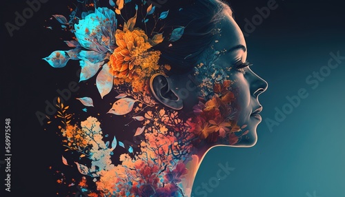 Fényképezés Double exposure woman profile and flowers mental health women's day illustration