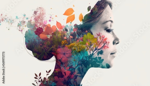 Double exposure woman profile and flowers mental health women s day illustration generative ai