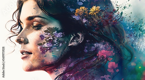 Double exposure woman profile and flowers mental health women s day illustration generative ai