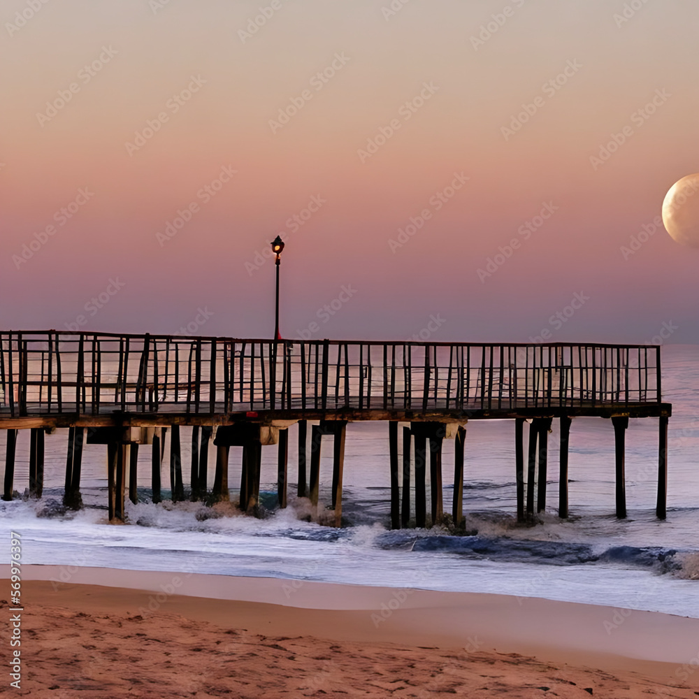 Fantasy beach and pier scene ocean and sky half moon and distant pier