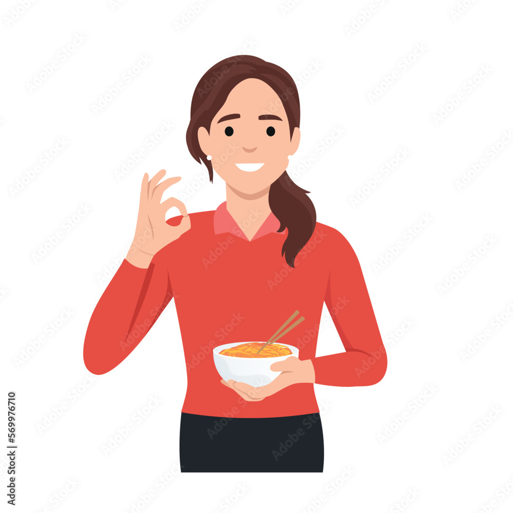 Beautiful woman holding Janpanese pork noodle ramen bowl with ok sign. Flat vector illustration isolated on white background Beautiful woman holding Janpanese pork noodle ramen bowl with ok sign. Flat vector illustration isolated on white background