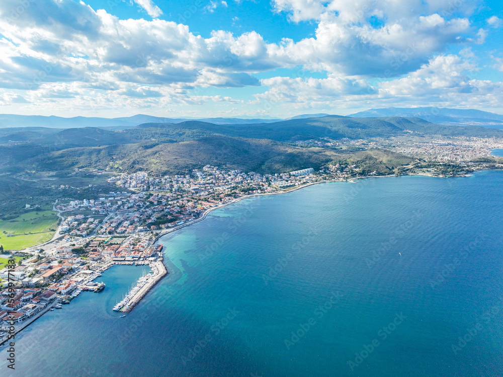 Aerial view with drone of the seaside town Urla Cesmealti in Izmir, Turkey. Iskele port.