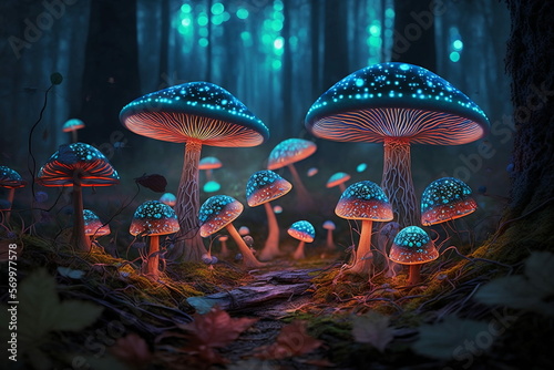 Colorful  mystical glowing mushrooms in a mystical forest. enchanted forest. AI