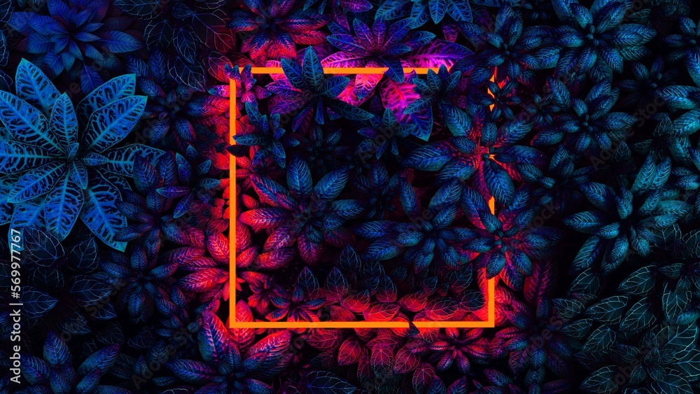Fototapeta premium Neon light template. 3d rendering of white square neon light with tropical leaves. Flat lay of minimal nature style concept. Neon leaf, party background concept, leaves wallpaper. 