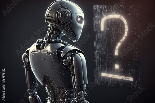 AI futuristic robot with questioning expression standing in front of blackboard with question mark,generated by IA