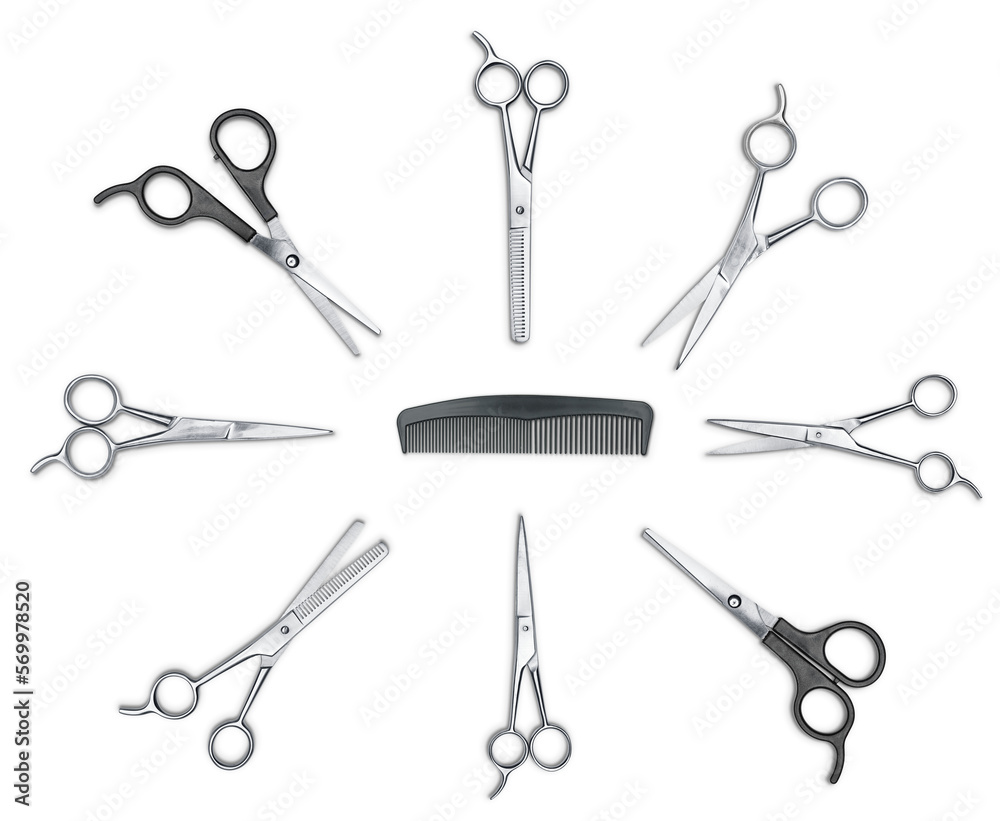 Collection of scissors and comb isolated