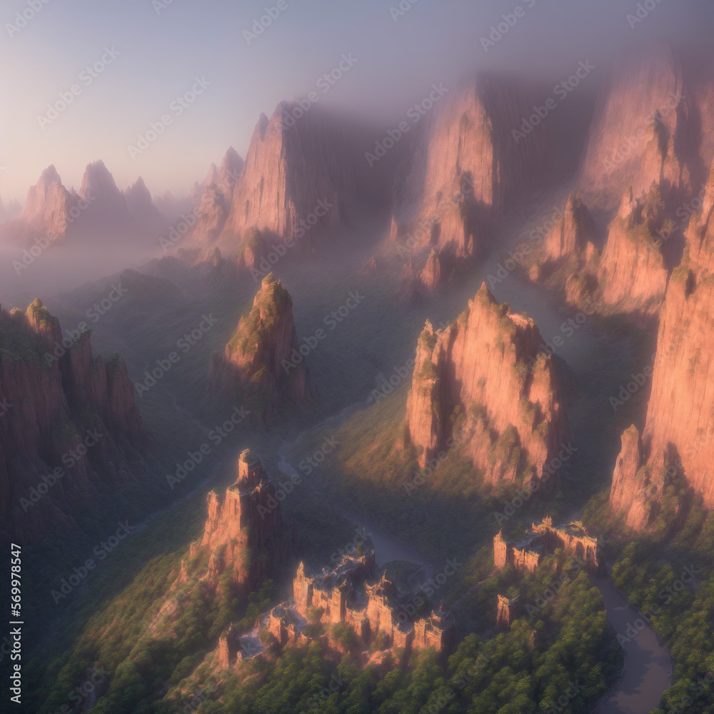 Landscape painting of pink mountain vista and castle at sunset, generative art