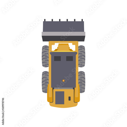 Top view of yellow loader with scoop vector illustration. Cartoon drawing of vehicle for construction or building isolated on white background. Construction industry, heavy machinery concept