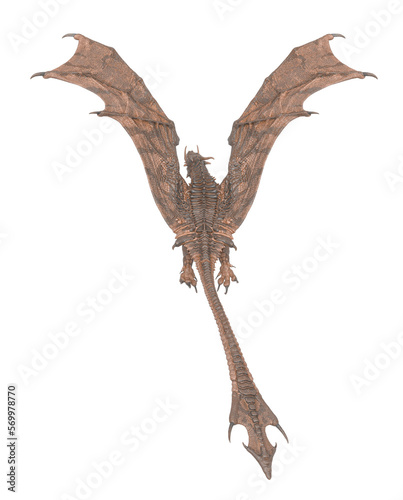 dragon is flying up on white background rear view