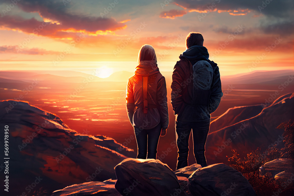 Couple overlooking landscape at sunset. generative ai