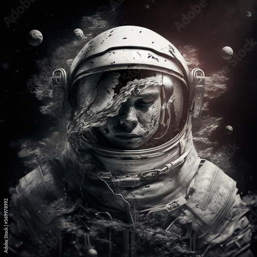 Generative ai black and white astronaut floating zero gravity in outer space. Discovery, exploration concept photo