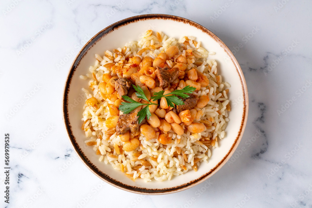 Traditional Turkish cuisine. Kuru Fasulye . Haricot Beans, rice and beans (Turkish name; pilav ustu kuru fasulye) Traditional Turkish cuisine. Kuru Fasulye . Haricot Beans, rice and beans (Turkish name; pilav ustu kuru fasulye)
