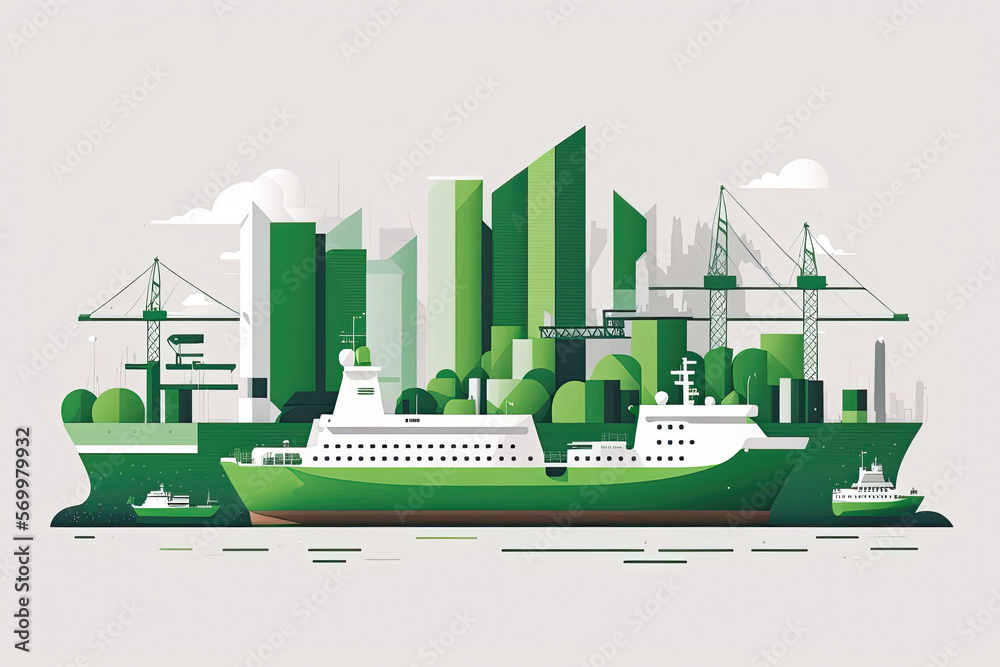 Modern port with a green cargo ship on the water and city background. Generative AI