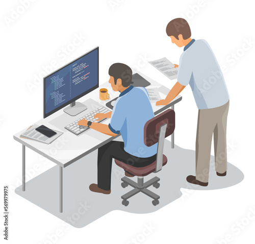 Software Engineer Programer Tech Jobs Programing collaboration to Run Test project application building office isolated isometric cartoon vector
