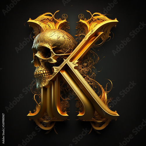 skull, gold, undead, a, b, c, d, e, f, g, h, i, j, k, l, m, n, o, p, q, r, s, t, u, v, w, x, y, z, alphabet, letters, design, decoration, pattern, illustration, art, floral, vintage, ai, generative photo