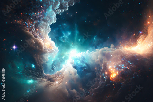 Glowing mysterious universe background. Colorful nebular galaxy illustration. Generative ai © idealeksis