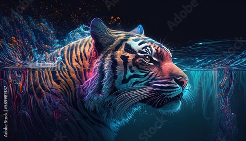 Fototapeta Naklejka Na Ścianę i Meble -  Neon glowing tiger animal isolated on dark background, phantasmal iridescent, psychic waves created with generative ai technology