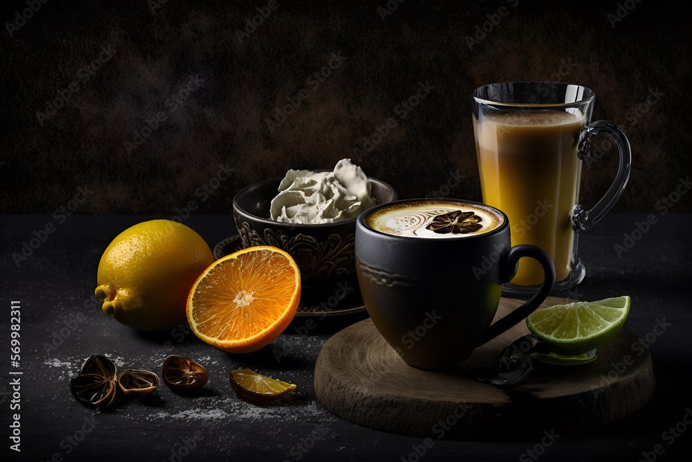 Indulge in the warmth of a comforting cup of tea with lemon and cinnamon. Captured on a dark smoky background, this photograph embodies the essence of relaxation and comfort Indulge in the warmth of a comforting cup of tea with lemon and cinnamon. Captured on a dark smoky background, this photograph embodies the essence of relaxation and comfort
