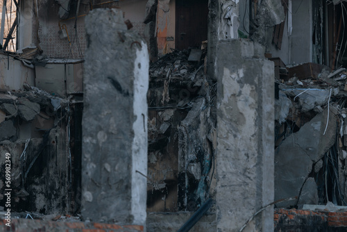 Impact on a high-rise building in the city of Dnipro, Ukraine. A residential building destroyed by an explosion after a Russian missile attack. Consequences of the explosion.