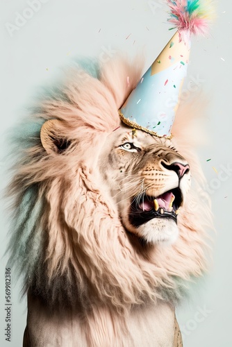 Fun animal party concept, lion having fun and dancing, confetti and balloons on pastel background. Celebration and partying