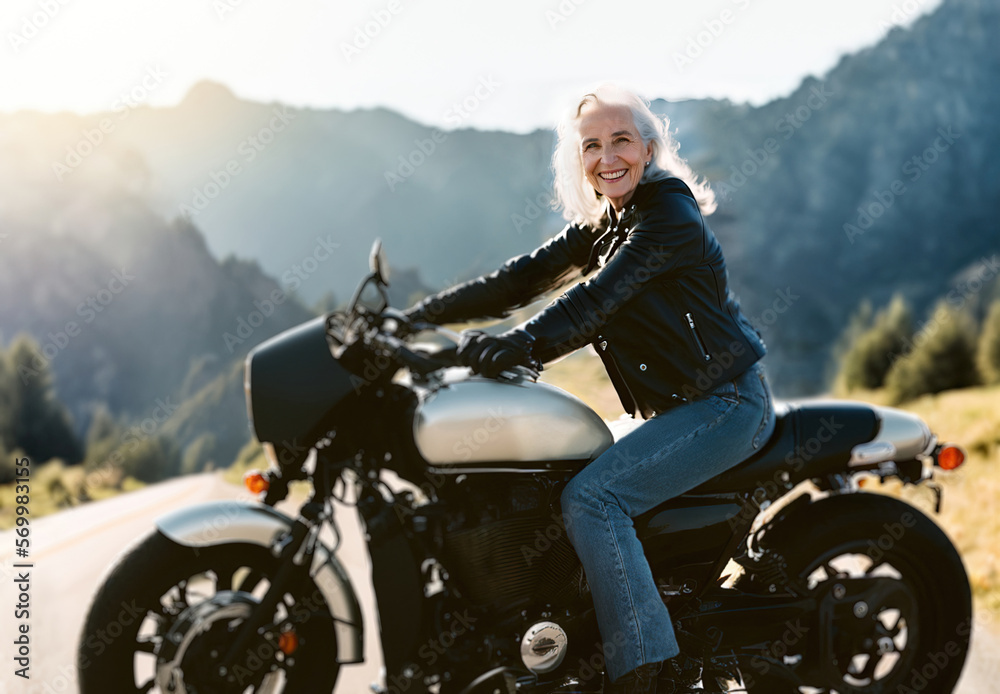 smiling middle-aged woman white haired driving a motorcycle on a mountain road. Generative AI smiling middle-aged woman white haired driving a motorcycle on a mountain road. Generative AI