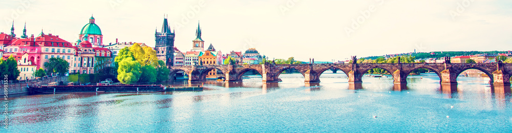 Picturesque magical beautiful landscape with Charles Bridge on the Vltava River in the old city of Prague, Czech Republic. amazing places. popular tourist atraction