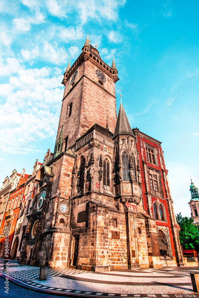fascinating magical beautiful landscape on the central square of Prague, Czech Republic with clock tower. amazing places. popular tourist atraction