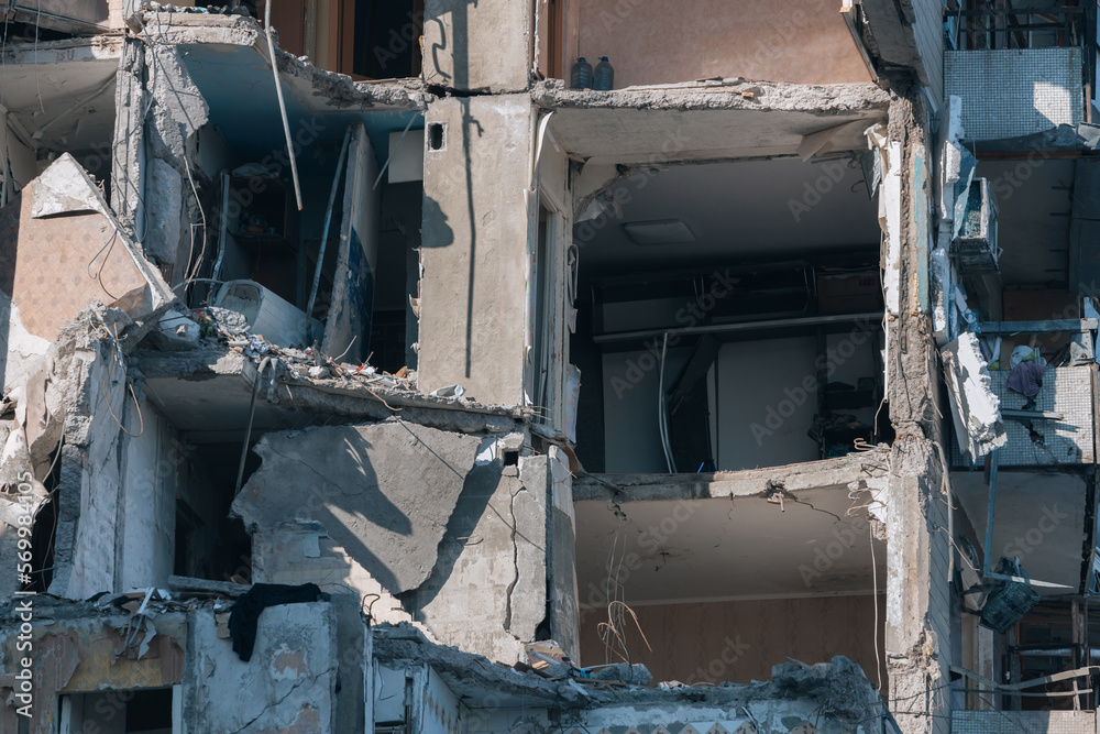 Impact on a high-rise building in the city of Dnipro, Ukraine. A residential building destroyed by an explosion after a Russian missile attack. Consequences of the explosion.