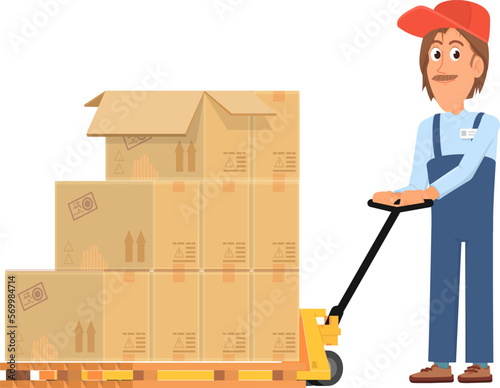 Warehouse worker carrying cardboard boxes on warehouse cargo cart